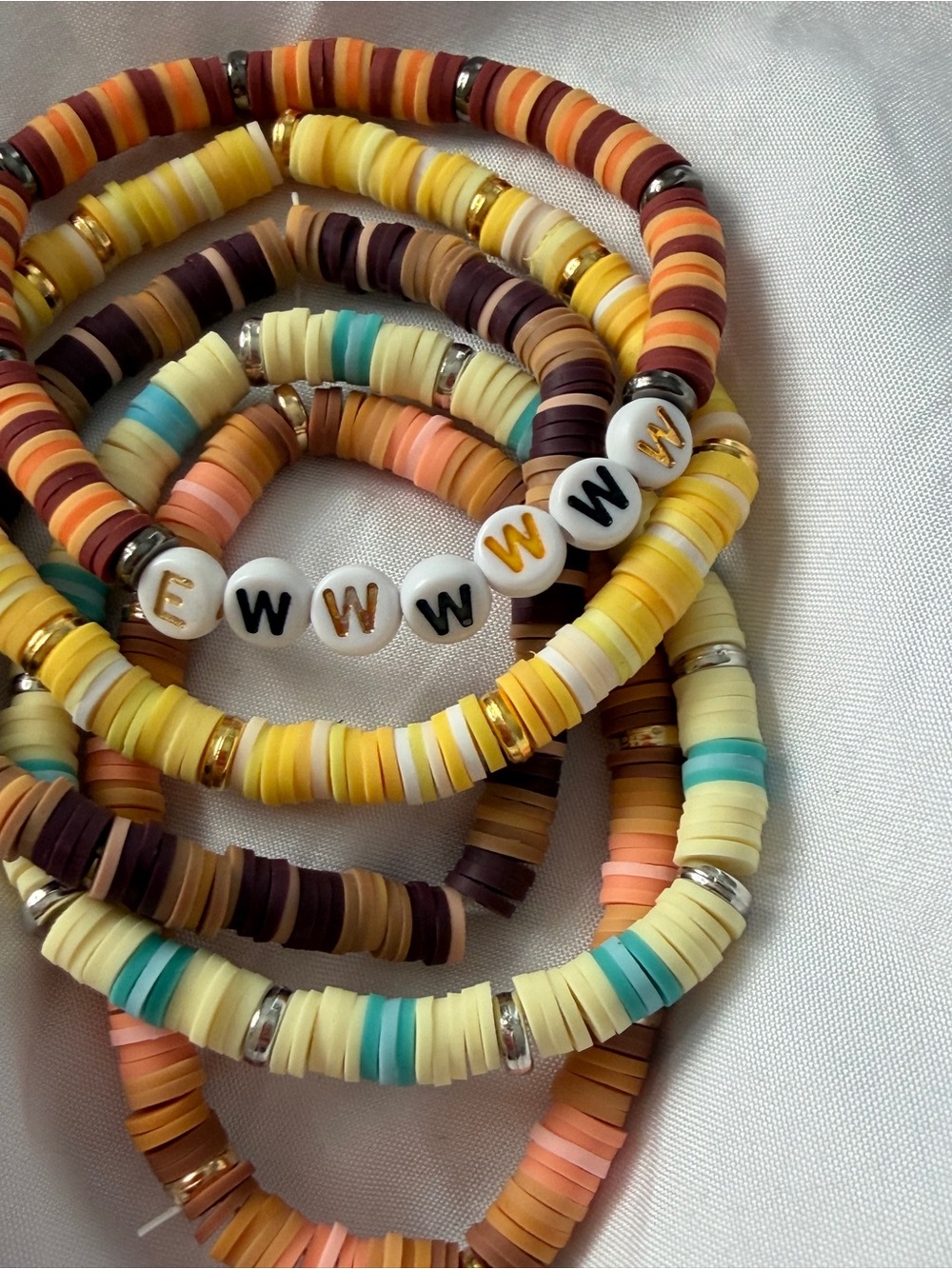 Handmade Multicolor Heishi Bead Bracelet Stack  “Ewwwww”- Yellow Accents